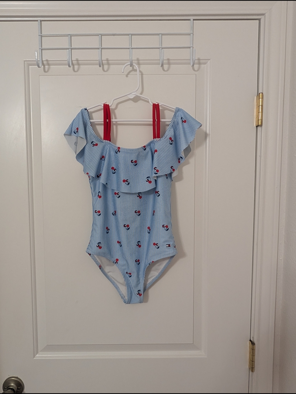 💥3/$24 Tommy Hilfiger Blue & White Striped Cherry  Swim Suit Size‎ Medium 8/10